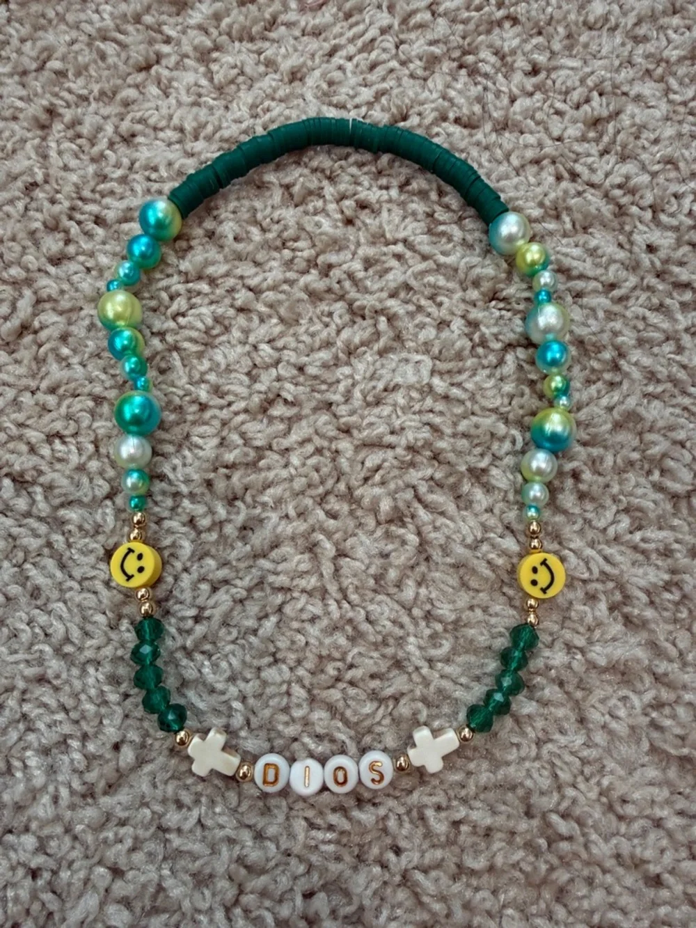 Green Beaded Statement Necklace with Smile Charms